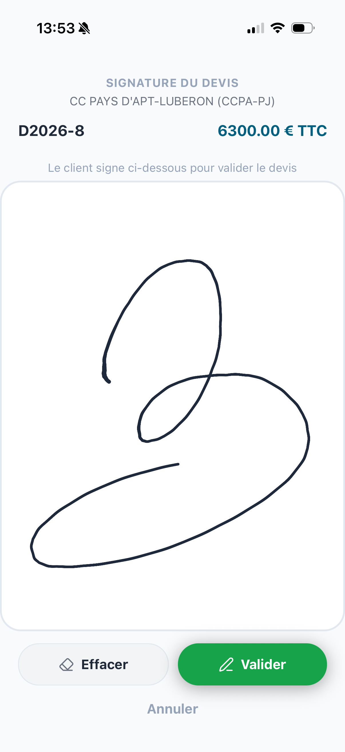 Signature client sur place