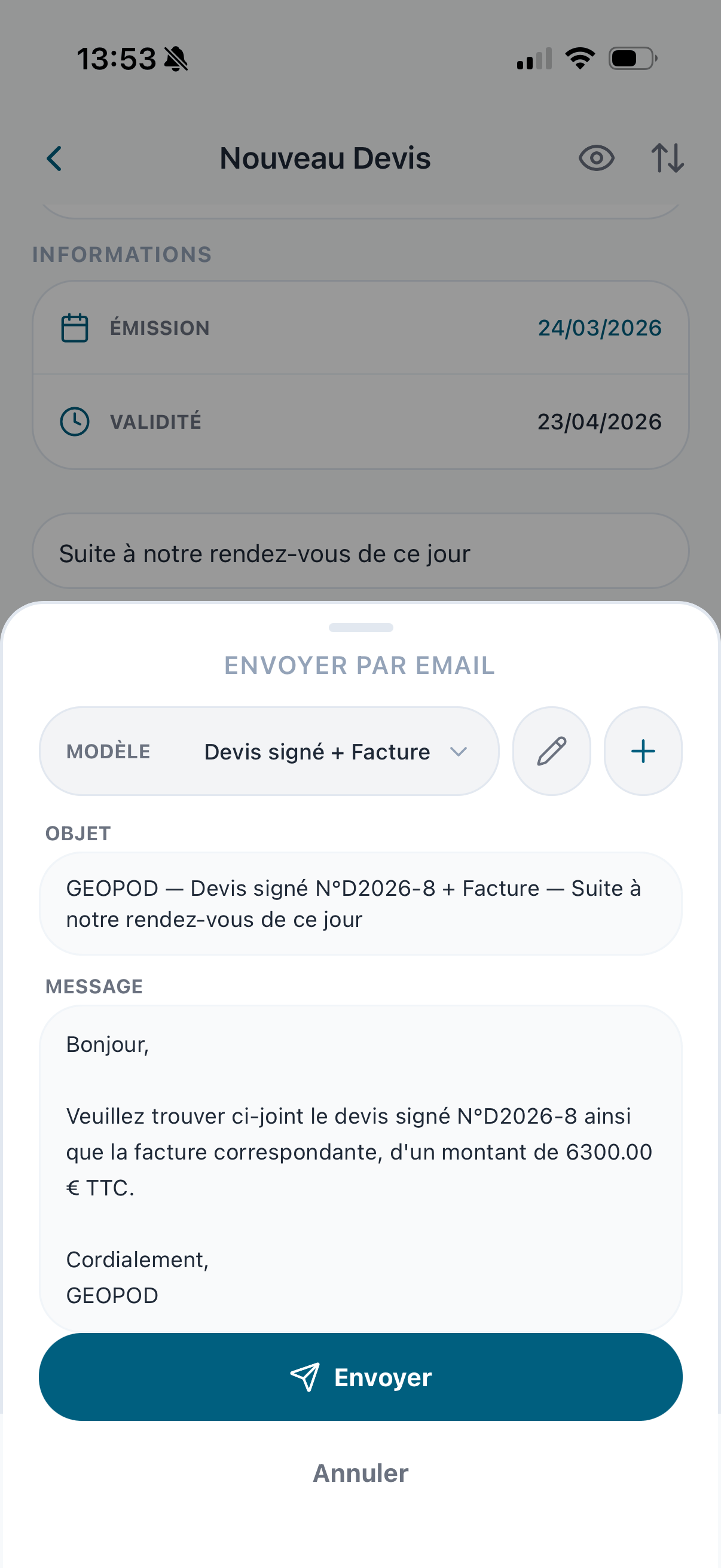 Facture envoyée par email